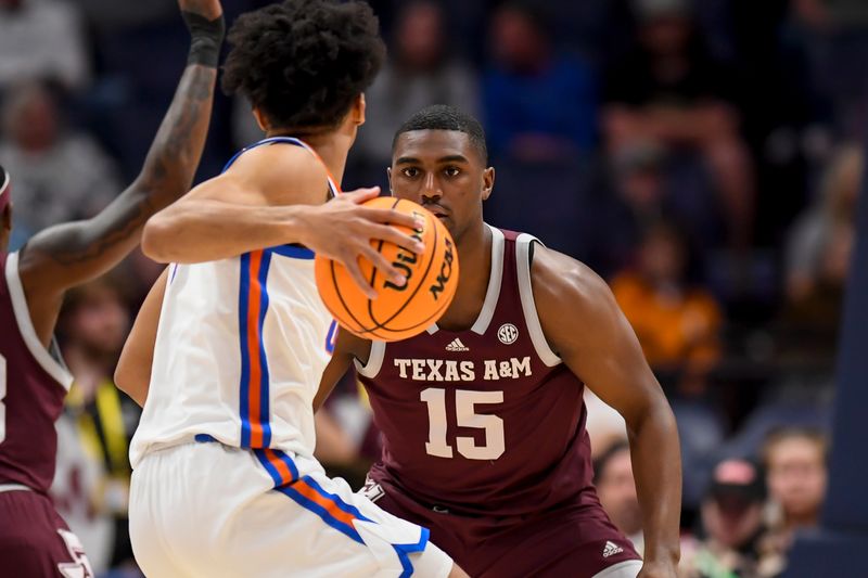 Mar 16, 2024; Nashville, TN, USA;  Texas A&M Aggies forward Henry Coleman III (15) guards Florida Gators forward Tyrese Samuel (4) during the first half at Bridgestone Arena. Mandatory Credit: Steve Roberts-USA TODAY Sports