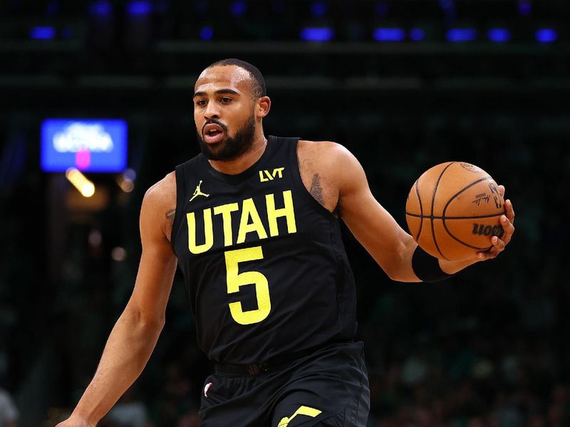 BOSTON, MASSACHUSETTS - JANUARY 05: Talen Horton-Tucker #5 of the Utah Jazz dribbles against the Boston Celtics during the fourth quarter at TD Garden on January 05, 2024 in Boston, Massachusetts. The Celtics defeat the Jazz 126-97. NOTE TO USER: User expressly acknowledges and agrees that, by downloading and or using this photograph, user is consenting to the terms and conditions of the Getty Images License Agreement.  (Photo by Maddie Meyer/Getty Images)