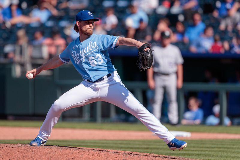 Jun 3, 2023; Kansas City, Missouri, USA; Kansas City Royals relief pitcher Josh Staumont (63) pitches during the eighth inning against the Colorado Rockies at Kauffman Stadium. Mandatory Credit: William Purnell-USA TODAY Sports