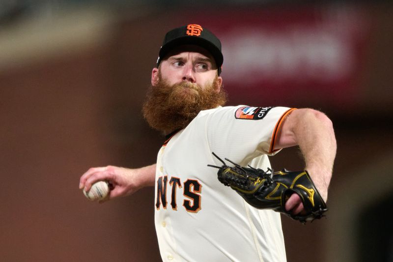 Sep 11, 2023; San Francisco, California, USA; San Francisco Giants pitcher John Brebbia (59) throws a pitch against the Cleveland Guardians during the seventh inning at Oracle Park. Mandatory Credit: Robert Edwards-USA TODAY Sports