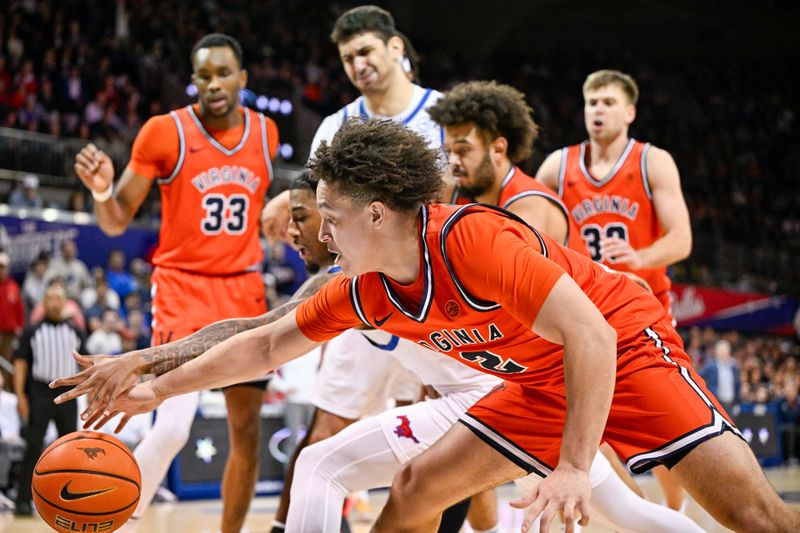 Jan 17, 2026; Dallas, Texas, USA; SMU Mustangs guard B.J. Edwards (0) and Virginia Cavaliers guard Chance Mallory (2) battle for the rebound during the second half at Moody Coliseum. Mandatory Credit: Jerome Miron-Imagn Images