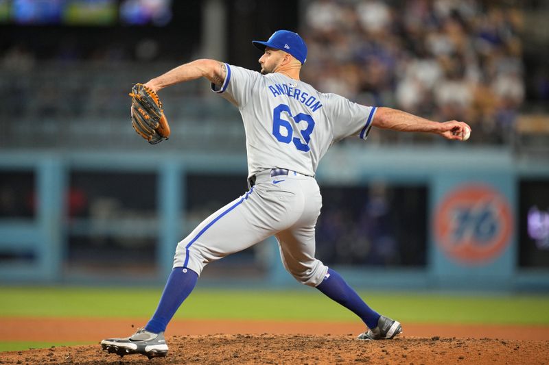 Jun 15, 2024; Los Angeles, California, USA; Kansas City Royals relief pitcher Nick Anderson (63) throws in the ninth inning against the Los Angeles Dodgers at Dodger Stadium. Mandatory Credit: Kirby Lee-USA TODAY Sports