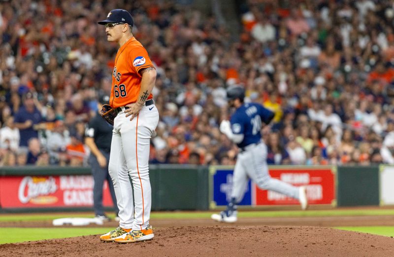 Aug 18, 2023; Houston, Texas, USA;  Houston Astros starting pitcher J.P. France (68) reacts after giving up a home to to Seattle Mariners designated hitter Mike Ford (20) in the sixth inning at Minute Maid Park. Mandatory Credit: Thomas Shea-USA TODAY Sports