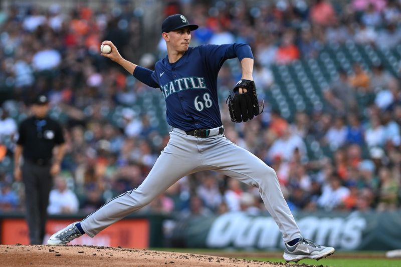 Aug 13, 2024; Detroit, Michigan, USA;  Seattle Mariners starting pitcher George Kirby (68) throws a pitch against the Detroit Tigers in the second inning at Comerica Park. Mandatory Credit: Lon Horwedel-USA TODAY Sports