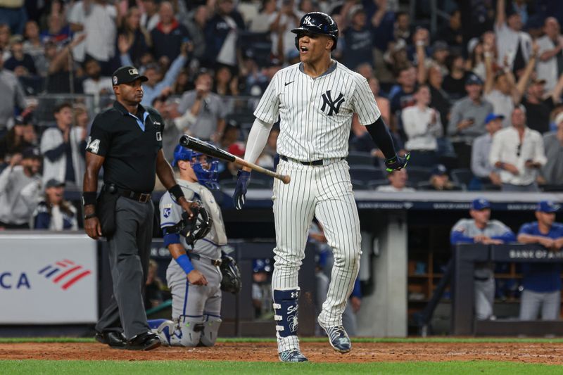 Sep 11, 2024; Bronx, New York, USA; New York Yankees right fielder Juan Soto (22) reacts after his two run home run during the sixth inning against the Kansas City Royals at Yankee Stadium. Mandatory Credit: Vincent Carchietta-Imagn Images