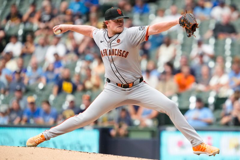 Aug 27, 2024; Milwaukee, Wisconsin, USA;  San Francisco Giants pitcher Logan Webb (62) throws a pitch during the first inning against the Milwaukee Brewers at American Family Field. Mandatory Credit: Jeff Hanisch-USA TODAY Sports