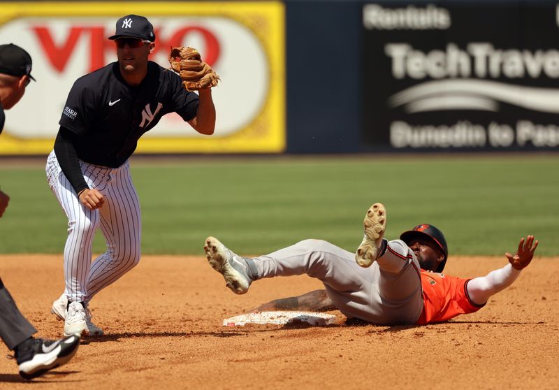 Mar 11, 2024; Tampa, Florida, USA;  New York Yankees third baseman Kevin Smith (74) tags out Baltimore Orioles outfielder Daniel Johnson (73) during the fourth inning at George M. Steinbrenner Field. Mandatory Credit: Kim Klement Neitzel-USA TODAY Sports