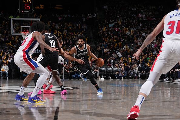 BROOKLYN, NY - DECEMBER 23: Spencer Dinwiddie #26 of the Brooklyn Nets drives to the basket during the game against the Detroit Pistons on December 23, 2023 at Barclays Center in Brooklyn, New York. NOTE TO USER: User expressly acknowledges and agrees that, by downloading and or using this Photograph, user is consenting to the terms and conditions of the Getty Images License Agreement. Mandatory Copyright Notice: Copyright 2023 NBAE (Photo by Jesse D. Garrabrant/NBAE via Getty Images)