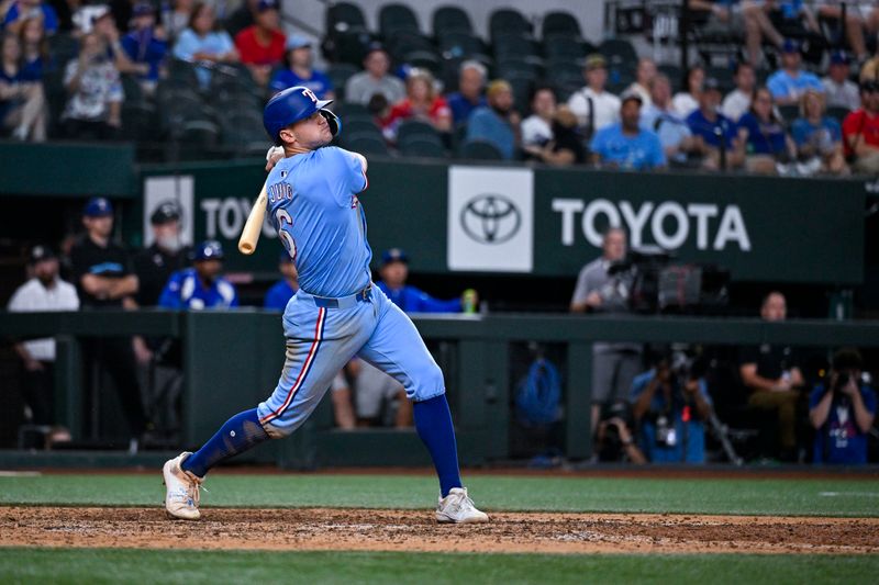 Sep 1, 2024; Arlington, Texas, USA; Texas Rangers third baseman Josh Jung (6) hits a game winning three run walk-off home run during the tenth inning against the Oakland Athletics at Globe Life Field. Mandatory Credit: Jerome Miron-USA TODAY Sports