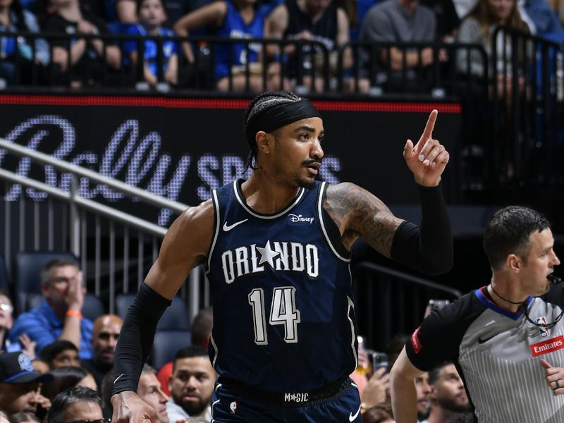 ORLANDO, FL - MARCH 21: Gary Harris #14 of the Orlando Magic celebrates during the game against the New Orleans Pelicans on March 21, 2024 at Amway Center in Orlando, Florida. NOTE TO USER: User expressly acknowledges and agrees that, by downloading and or using this photograph, User is consenting to the terms and conditions of the Getty Images License Agreement. Mandatory Copyright Notice: Copyright 2024 NBAE (Photo by Fernando Medina/NBAE via Getty Images)