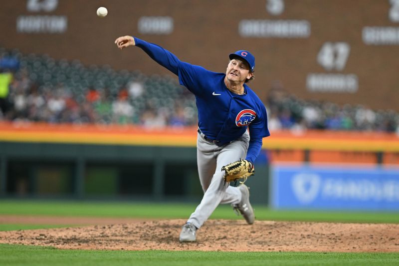 Aug 21, 2023; Detroit, Michigan, USA; Chicago Cubs relief pitcher Hayden Wesneski (19) throws a pitch against the Detroit Tigers in the sixth inning at Comerica Park. Mandatory Credit: Lon Horwedel-USA TODAY Sports