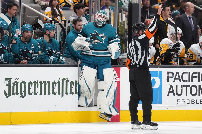 Nov 4, 2023; San Jose, California, USA; San Jose Sharks goaltender Magnus Chrona (30) enters the game against the Pittsburgh Penguins during the second period at SAP Center at San Jose. Mandatory Credit: Darren Yamashita-USA TODAY Sports