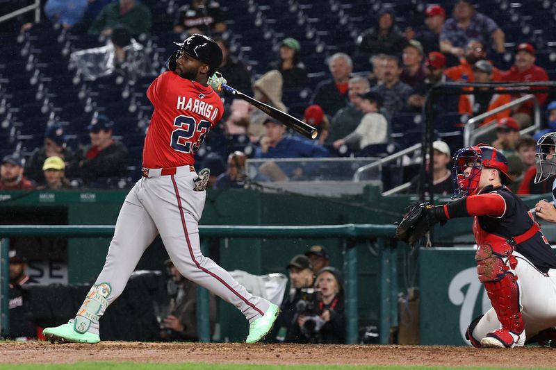 Sep 16, 2025; Washington, District of Columbia, USA; Atlanta Braves outfielder Michael Harris II (23) hits a double against the Washington Nationals during the seventh inning at Nationals Park. Mandatory Credit: Geoff Burke-Imagn Images