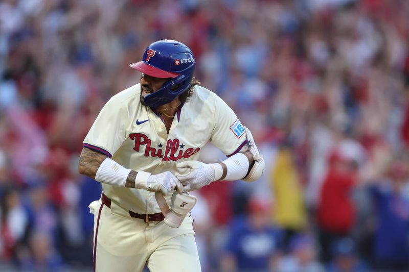 Oct 6, 2024; Philadelphia, Pennsylvania, USA; Philadelphia Phillies outfielder Nick Castellanos (8) runs the bases after hitting a home run in the sixth inning against the New York Mets during game two of the NLDS for the 2024 MLB Playoffs at Citizens Bank Park. Mandatory Credit: Bill Streicher-Imagn Images