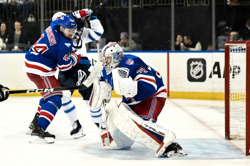 Mar 22, 2026; New York, New York, USA; New York Rangers goaltender Dylan Garand (33) tends net against the Winnipeg Jets during the third period at Madison Square Garden. Mandatory Credit: John Jones-Imagn Images