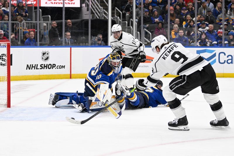 Jan 28, 2024; St. Louis, Missouri, USA; Los Angeles Kings right wing Adrian Kempe (9) takes a shot against the St. Louis Blues goaltender Joel Hofer (30) during the first period at Enterprise Center. Mandatory Credit: Jeff Le-USA TODAY Sports