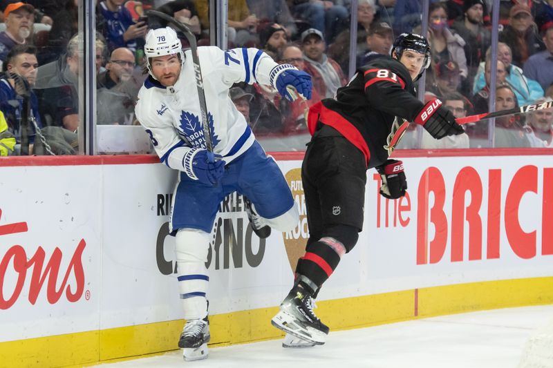 Dec 7, 2023; Ottawa, Ontario, CAN; Ottawa Senators left wing Dominik Kubalik (91) makes contact with Toronto Maple Leafs defenseman TJ Brodie (78) in the first period at the Canadian Tire Centre. Mandatory Credit: Marc DesRosiers-USA TODAY Sports