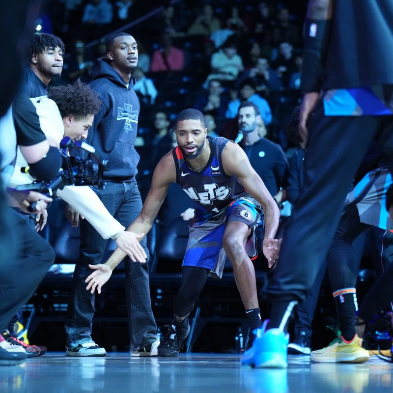 BROOKLYN, NY - JANUARY 27: Mikal Bridges #1 of the Brooklyn Nets is introduced before the game against the Houston Rockets on January 27, 2024 at Barclays Center in Brooklyn, New York. NOTE TO USER: User expressly acknowledges and agrees that, by downloading and or using this Photograph, user is consenting to the terms and conditions of the Getty Images License Agreement. Mandatory Copyright Notice: Copyright 2024 NBAE (Photo by Jesse D. Garrabrant/NBAE via Getty Images)