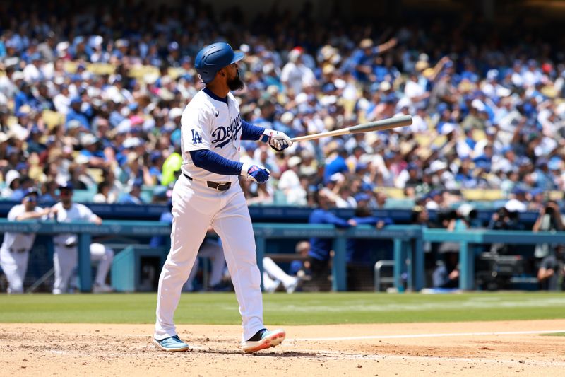 May 8, 2024; Los Angeles, California, USA;  Los Angeles Dodgers outfielder Teoscar Hernandez (37) hits a two-run home run during the sixth inning against the Miami Marlins at Dodger Stadium. Mandatory Credit: Kiyoshi Mio-USA TODAY Sports