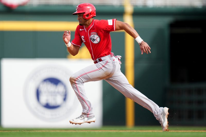 Feb. 24, 2024; Goodyear, Arizona, USA; Cincinnati Reds outfielder Bubba Thompson steals second base in the eighth inning during a MLB spring training game against the Cleveland Guardians at Goodyear Ballpark. Mandatory Credit: Kareem Elgazzar-USA TODAY Sports