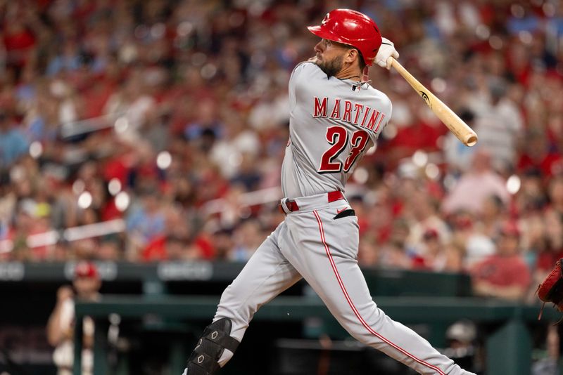 Sep 30, 2023; St. Louis, Missouri, USA; Cincinnati Reds pitch hitter Nick Martini (23) hits a base hit against the St. Louis Cardinals in the sixth inning at Busch Stadium. Mandatory Credit: Zach Dalin-USA TODAY Sports