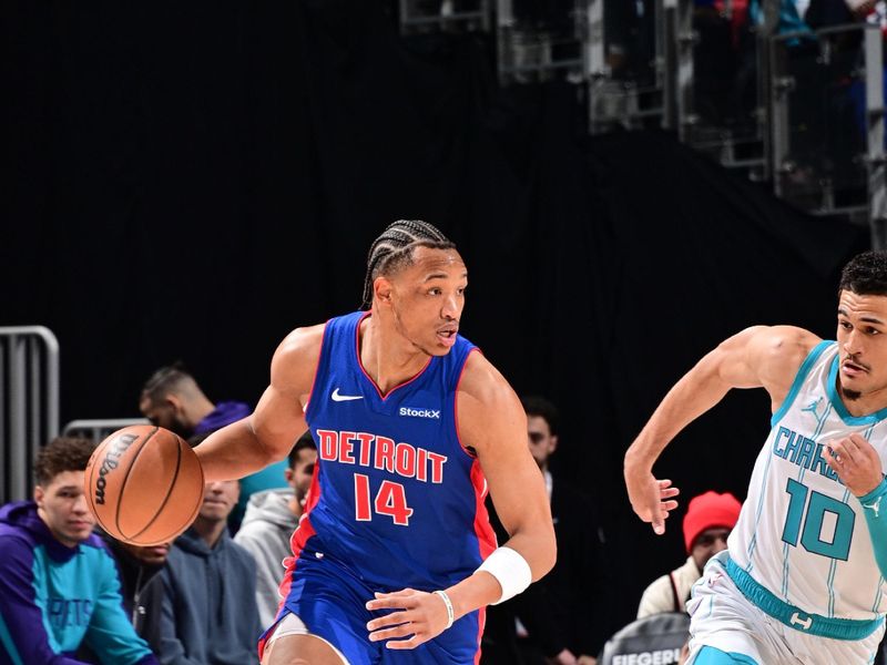 DETROIT, MI - JANUARY 3: Wendell Moore Jr. #14 of the Detroit Pistons dribbles the ball during the game against the Charlotte Hornets on January 3, 2025 at Little Caesars Arena in Detroit, Michigan. NOTE TO USER: User expressly acknowledges and agrees that, by downloading and/or using this photograph, User is consenting to the terms and conditions of the Getty Images License Agreement. Mandatory Copyright Notice: Copyright 2025 NBAE (Photo by Chris Schwegler/NBAE via Getty Images)