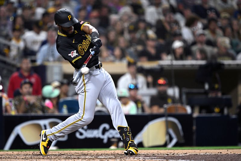 Aug 12, 2024; San Diego, California, USA; Pittsburgh Pirates right fielder Bryan De La Cruz (41) hits a single against the San Diego Padres during the seventh inning at Petco Park. Mandatory Credit: Orlando Ramirez-USA TODAY Sports