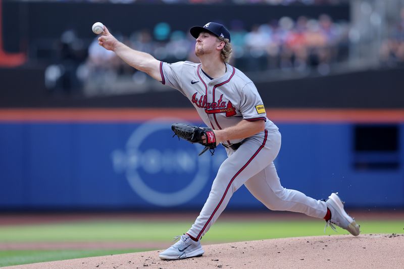 Jul 27, 2024; New York City, New York, USA; Atlanta Braves starting pitcher Spencer Schwellenbach (56) pitches against the New York Mets during the first inning at Citi Field. Mandatory Credit: Brad Penner-USA TODAY Sports