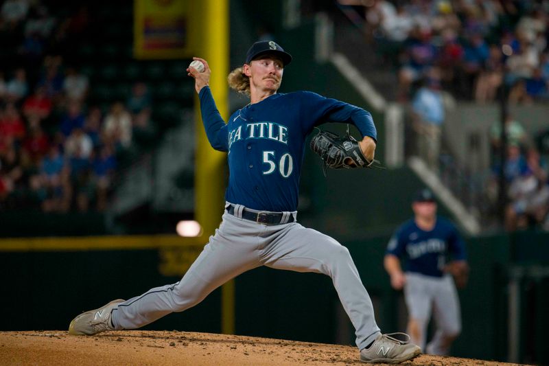 Sep 22, 2023; Arlington, Texas, USA;Seattle Mariners starting pitcher Bryce Miller (50) bats against the Texas Rangers during the game at Globe Life Field. Mandatory Credit: Jerome Miron-USA TODAY Sports