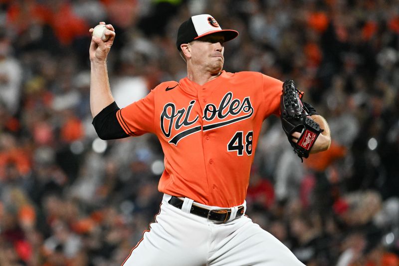 Sep 30, 2023; Baltimore, Maryland, USA;  Baltimore Orioles starting pitcher Kyle Gibson (48) throws a first inning pitch against the Boston Red Sox  at Oriole Park at Camden Yards. Mandatory Credit: Tommy Gilligan-USA TODAY Sports