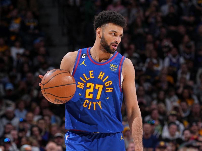 DENVER, CO - MARCH 25: Jamal Murray #27 of the Denver Nuggets dribbles the ball during the game against the Milwaukee Bucks on March 25, 2023 at the Ball Arena in Denver, Colorado. NOTE TO USER: User expressly acknowledges and agrees that, by downloading and/or using this Photograph, user is consenting to the terms and conditions of the Getty Images License Agreement. Mandatory Copyright Notice: Copyright 2023 NBAE (Photo by Bart Young/NBAE via Getty Images)