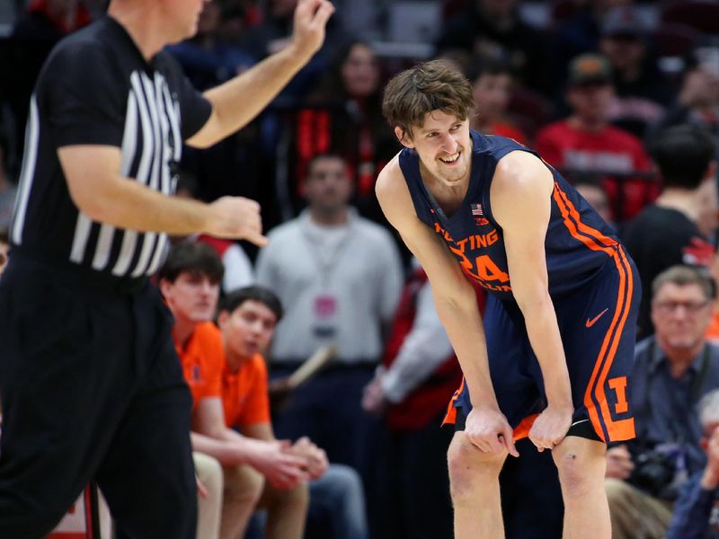 Feb 26, 2023; Columbus, Ohio, USA;  Illinois Fighting Illini forward Matthew Mayer (24) reacts to the foul call during the first half against the Ohio State Buckeyes at Value City Arena. Mandatory Credit: Joseph Maiorana-USA TODAY Sports