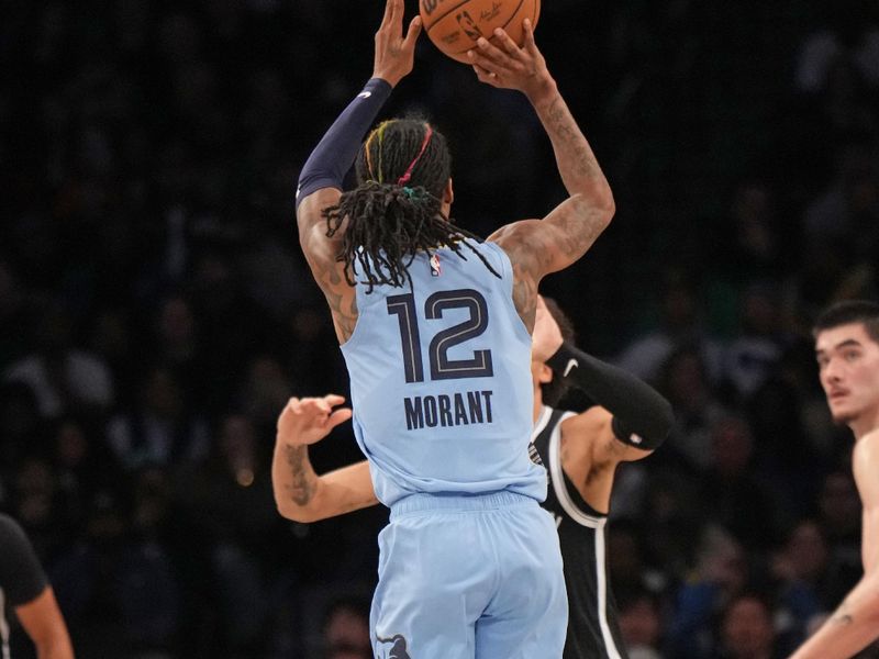 BROOKLYN, NY - NOVEMBER 4:Ja Morant #12 of the Memphis Grizzlies shoots the ball during the game against the Brooklyn Nets  on November 4, 2024 at Barclays Center in Brooklyn, New York. NOTE TO USER: User expressly acknowledges and agrees that, by downloading and or using this Photograph, user is consenting to the terms and conditions of the Getty Images License Agreement. Mandatory Copyright Notice: Copyright 2024 NBAE (Photo by Jesse D. Garrabrant/NBAE via Getty Images)