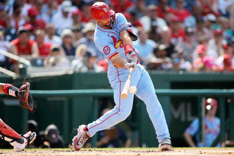 Jul 6, 2024; Washington, District of Columbia, USA; St. Louis Cardinals first base Paul Goldschmidt (46) makes contact on a pitch during the second inning against the Washington Nationals at Nationals Park. Mandatory Credit: Daniel Kucin Jr.-USA TODAY Sports