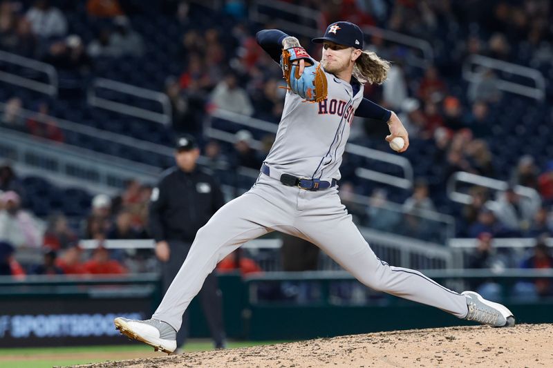 Apr 19, 2024; Washington, District of Columbia, USA; Houston Astros relief pitcher Josh Hader (71) pitches against the Washington Nationals during the ninth inning at Nationals Park. Mandatory Credit: Geoff Burke-USA TODAY Sports