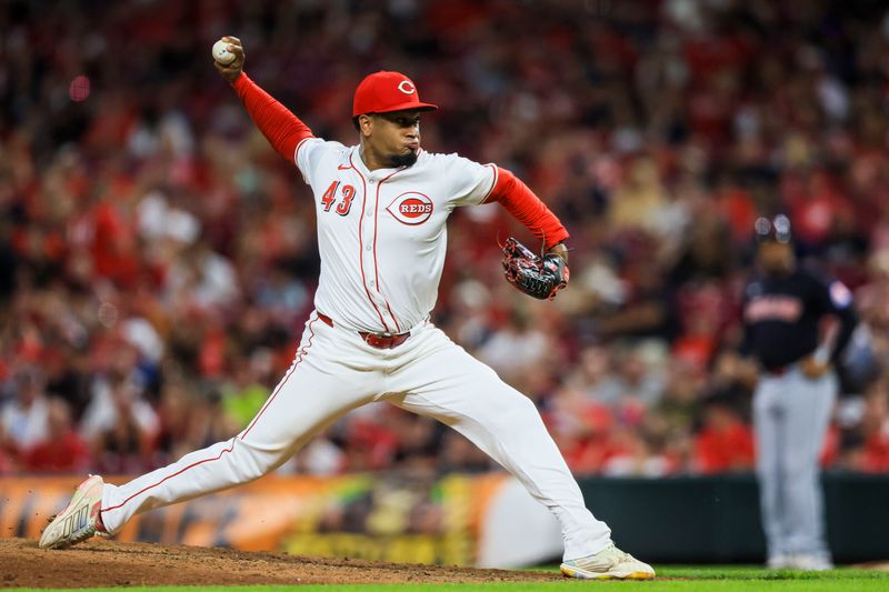 Jun 12, 2024; Cincinnati, Ohio, USA; Cincinnati Reds relief pitcher Alexis Diaz (43) pitches against the Cleveland Guardians in the ninth inning at Great American Ball Park. Mandatory Credit: Katie Stratman-USA TODAY Sports