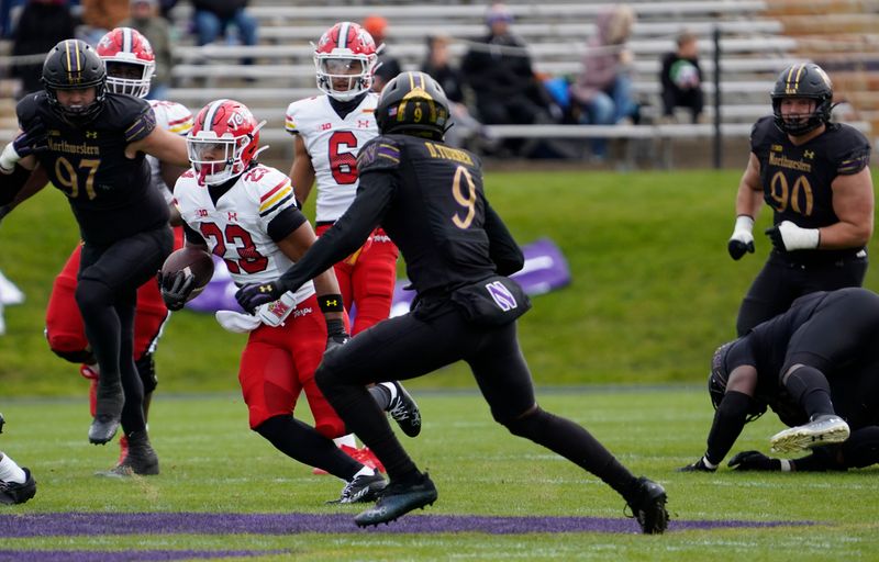 Oct 28, 2023; Evanston, Illinois, USA; Maryland Terrapins running back Colby McDonald (23) runs against the Northwestern Wildcats during the second half at Ryan Field. Mandatory Credit: David Banks-USA TODAY Sports