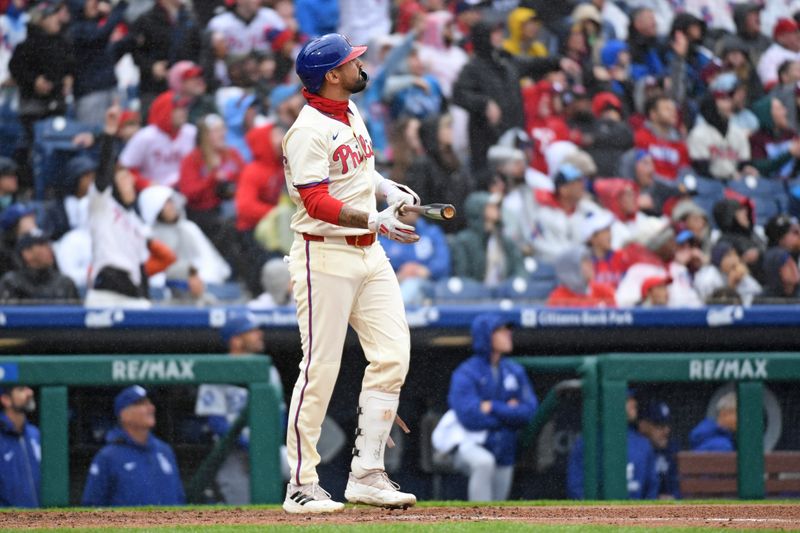 Apr 6, 2025; Philadelphia, Pennsylvania, USA; Philadelphia Phillies outfielder Nick Castellanos (8) watches his grand slam during the third inning against the Los Angeles Dodgers home run at Citizens Bank Park. Mandatory Credit: Eric Hartline-Imagn Images