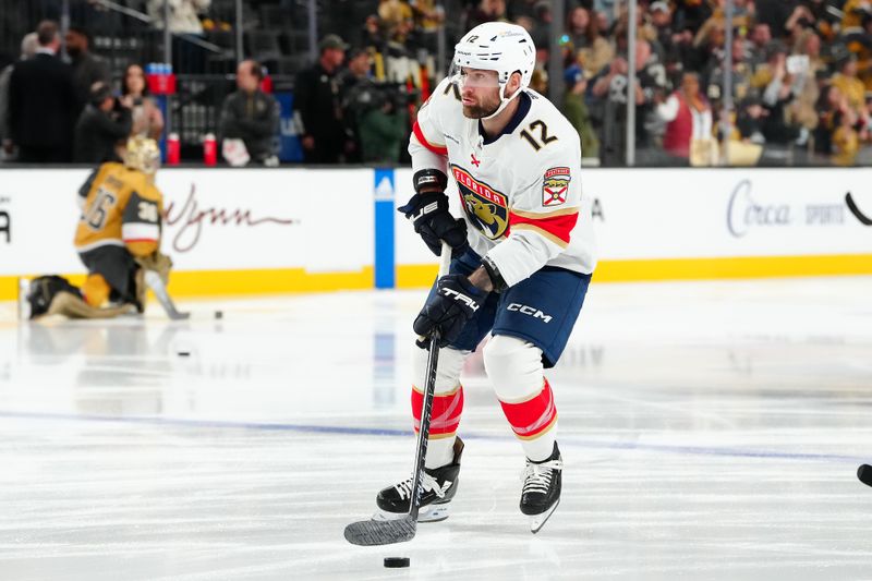 Jan 4, 2024; Las Vegas, Nevada, USA; Florida Panthers left wing Jonah Gadjovich (12) warms up before a game against the Vegas Golden Knights at T-Mobile Arena. Mandatory Credit: Stephen R. Sylvanie-USA TODAY Sports