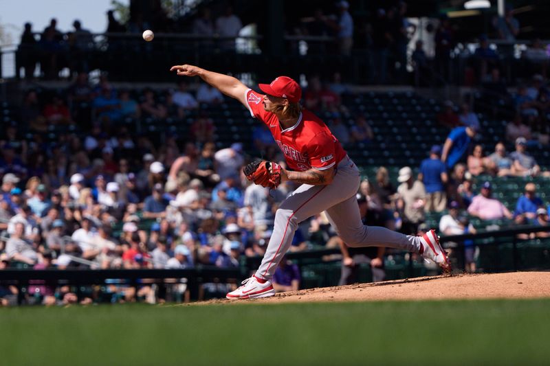 Feb 27, 2025; Mesa, Arizona, USA; Los Angeles Angels pitcher Caden Dana (36) comes in to start in the first inning during a spring training game against the Chicago Cubs at Sloan Park. Mandatory Credit: Allan Henry-Imagn Images