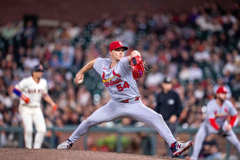 Sep 24, 2025; San Francisco, California, USA; St. Louis Cardinals starting pitcher Sonny Gray (54) strikes out San Francisco Giants first baseman Bryce Eldridge (not pictured) for his two hundredth strike out for the season during the fifth inning at Oracle Park. Mandatory Credit: Neville E. Guard-Imagn Images