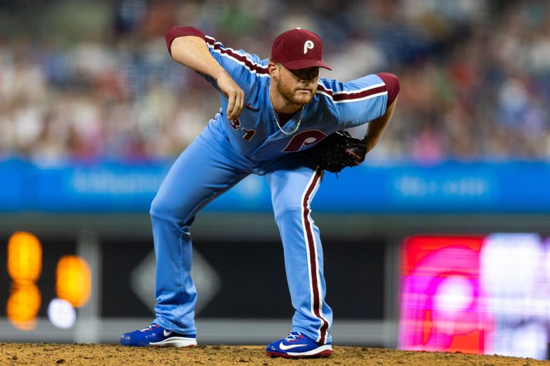 Aug 10, 2023; Philadelphia, Pennsylvania, USA; Philadelphia Phillies relief pitcher Craig Kimbrel (31) prepares to pitch during the ninth inning against the Washington Nationals at Citizens Bank Park. Mandatory Credit: Bill Streicher-USA TODAY Sports