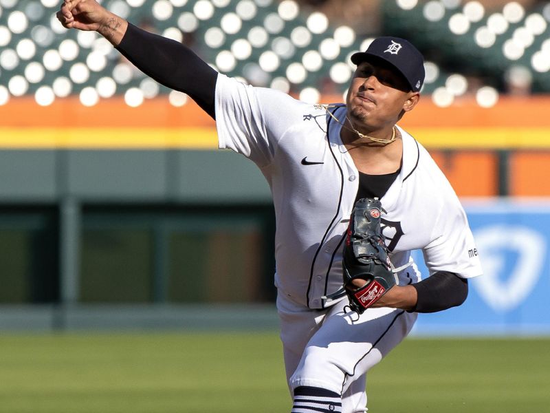 Jul 8, 2024; Detroit, Michigan, USA; Detroit Tigers starting pitcher Keider Montero (54) delivers in the first inning against the Cleveland Guardians at Comerica Park. Mandatory Credit: David Reginek-USA TODAY Sports