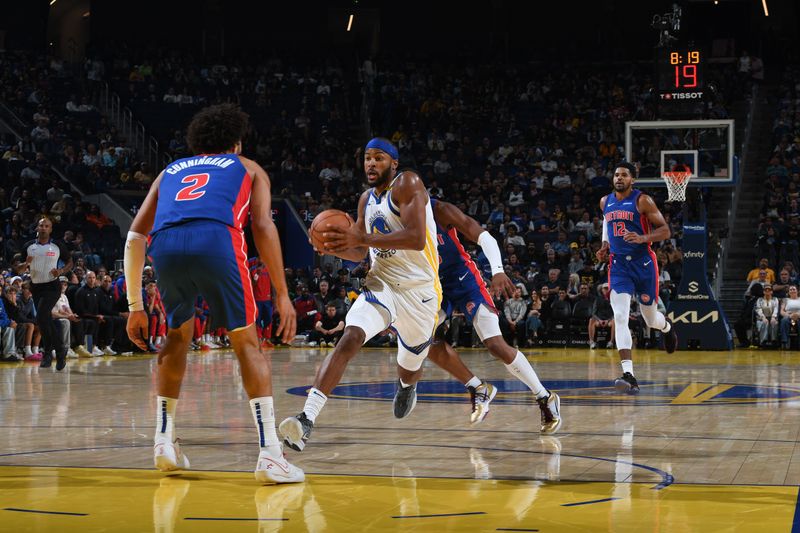 SAN FRANCISCO, CA - OCTOBER 13: Moses Moody #4 of the Golden State Warriors drives to the basket during the game against the Detroit Pistons during a NBA Preseason game on October 13, 2024 at Chase Center in San Francisco, California. NOTE TO USER: User expressly acknowledges and agrees that, by downloading and or using this photograph, user is consenting to the terms and conditions of Getty Images License Agreement. Mandatory Copyright Notice: Copyright 2024 NBAE (Photo by Noah Graham/NBAE via Getty Images)