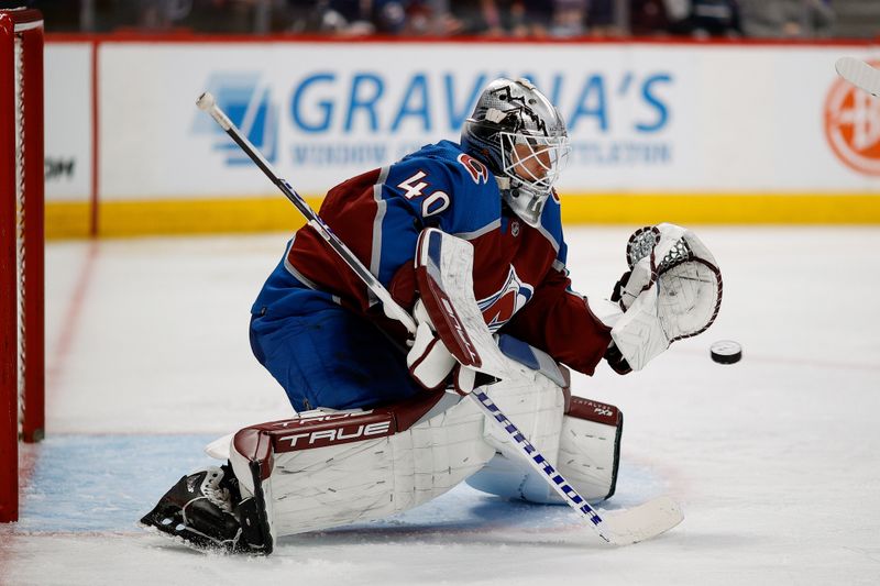 Apr 11, 2023; Denver, Colorado, USA; Colorado Avalanche goaltender Alexandar Georgiev (40) makes a save in the third period against the Edmonton Oilers at Ball Arena. Mandatory Credit: Isaiah J. Downing-USA TODAY Sports