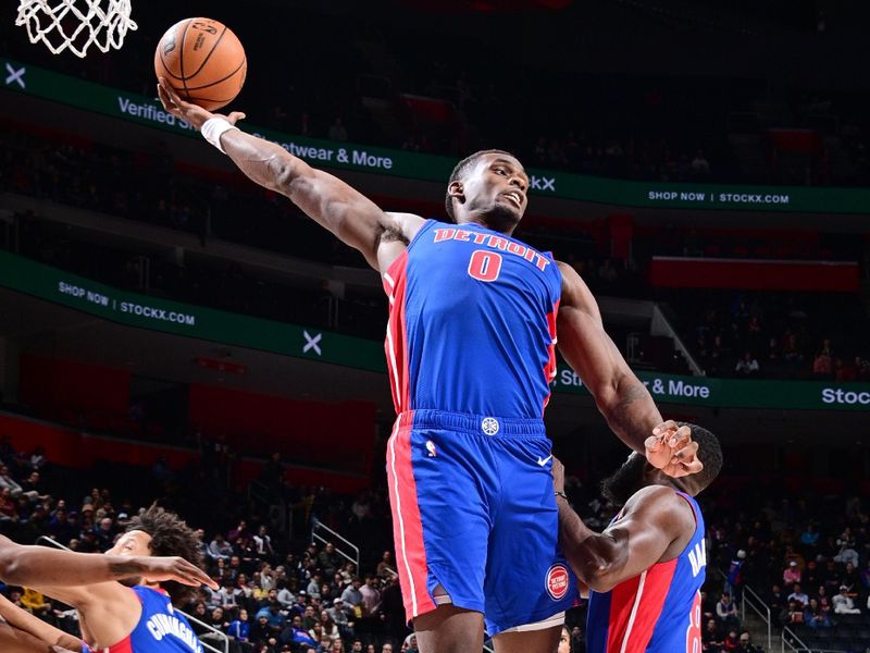 DETROIT, MI - JANUARY 16: Jalen Duren #0 of the Detroit Pistons rebounds the ball during the game against the Indiana Pacers on January 16, 2025 at Little Caesars Arena in Detroit, Michigan. NOTE TO USER: User expressly acknowledges and agrees that, by downloading and/or using this photograph, User is consenting to the terms and conditions of the Getty Images License Agreement. Mandatory Copyright Notice: Copyright 2025 NBAE (Photo by Chris Schwegler/NBAE via Getty Images)