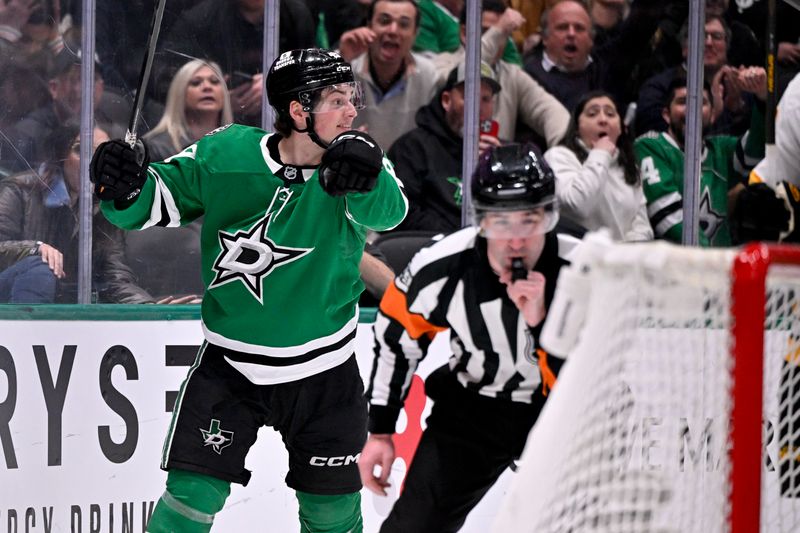 Jan 20, 2026; Dallas, Texas, USA;  Dallas Stars center Justin Hryckowian (49) reacts to scoring a goal against the Boston Bruins during the second period at the American Airlines Center. Mandatory Credit: Jerome Miron-Imagn Images