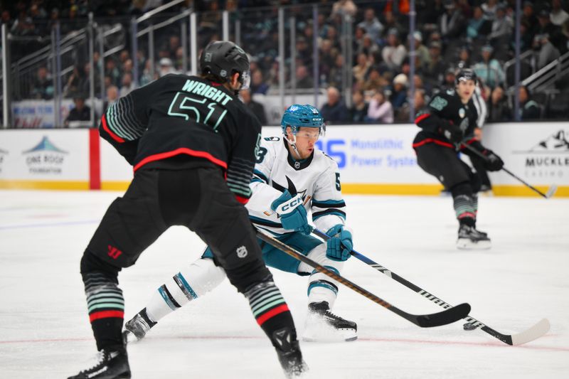 Nov 5, 2025; Seattle, Washington, USA; San Jose Sharks left wing Jeff Skinner (53) plays the puck during the third period against the Seattle Kraken at Climate Pledge Arena. Mandatory Credit: Steven Bisig-Imagn Images