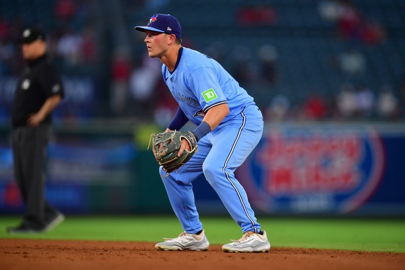 Aug 12, 2024; Anaheim, California, USA; Toronto Blue Jays second baseman Will Wagner (7) in position against the Los Angeles Angels during the fourth inning at Angel Stadium. Mandatory Credit: Gary A. Vasquez-USA TODAY Sports