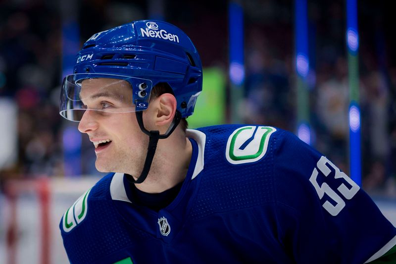 Mar 13, 2024; Vancouver, British Columbia, CAN; Vancouver Canucks forward Teddy Blueger (53) skates during warm up prior to a game against the Colorado Avalanche at Rogers Arena. Mandatory Credit: Bob Frid-USA TODAY Sports